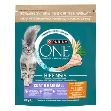 PURINA ONE® COAT & HAIRBALL, rohke kanaga, kuiv kassitoit