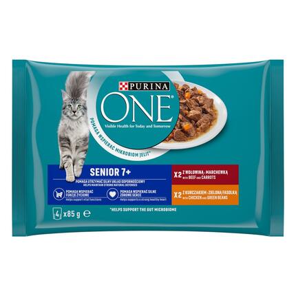 PURINA ONE® SENIOR 7+, minifileed kastmes veise ja porgandi ning kana ja roheliste ubadega, kiisueine