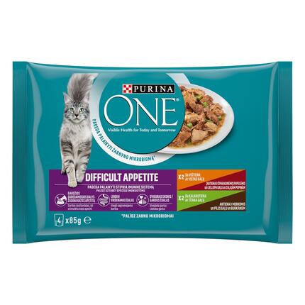 PURINA ONE® DIFFICULT APPETITE, minifileed kana ja veise ning kalkuni ja pardiga 4 x 85 g, kiisueine