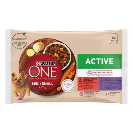 PURINA ONE ® MINI/SMALL < 10 kg Active veise, kartuli ja porgandiga ning pardi, pasta ja roheliste ubadega kastmes, koera mär