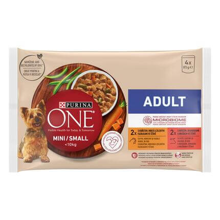 PURINA ONE ® MINI/SMALL < 10 kg Adult kana, porgandi ja roheliste ubadega ning veise, kartuli ja hernestega kastmes, koera mä