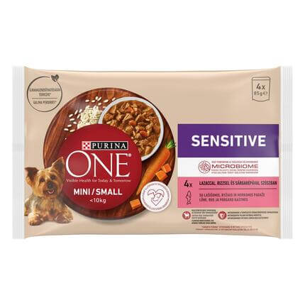 PURINA ONE ® MINI/SMALL < 10 kg Sensitive lõhe, riisi ja porgandiga kastmes, koera märgsööt