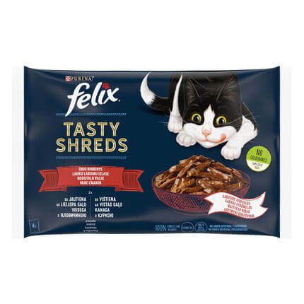 FELIX® TASTY SHREDS Kodutalu valik kastmes (veis, kana), kiisueine