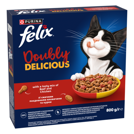 Felix® Doubly Delicious, Adult, täiskasvanud kassi kuivtoit, veise ja kana maitsev segu rohke peediga, 800 g pappkarp