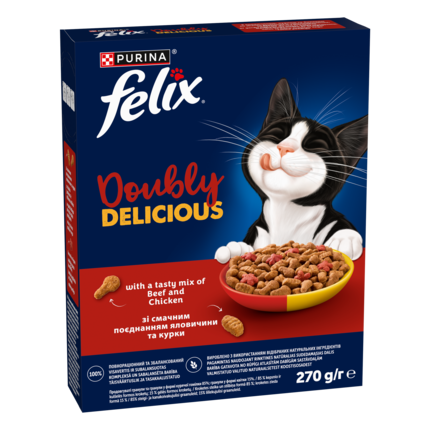 Felix® Doubly Delicious, Adult, täiskasvanud kassi kuivtoit, veise ja kana maitsev segu rohke peediga, 270 g pappkarp