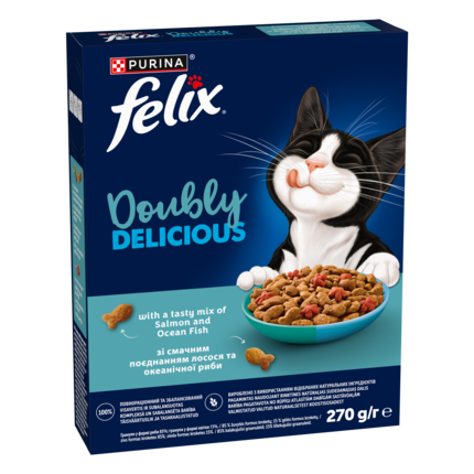 Felix® Doubly Delicious, Adult, täiskasvanud kassi kuivtoit, lõhe ja ookeanikala maitsev segu rohke peediga, 270 g pappkarp