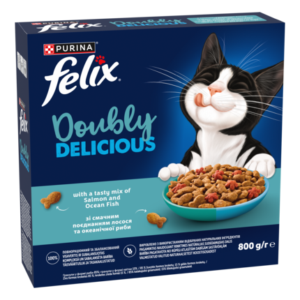 Felix® Doubly Delicious, Adult, täiskasvanud kassi kuivtoit, lõhe ja ookeanikala maitsev segu rohke peediga, 800 g pappkarp