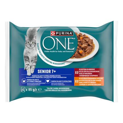 PURINA ONE® SENIOR 7+, minifileed kastmes veise ja porgandi ning kana ja roheliste ubadega, kiisueine