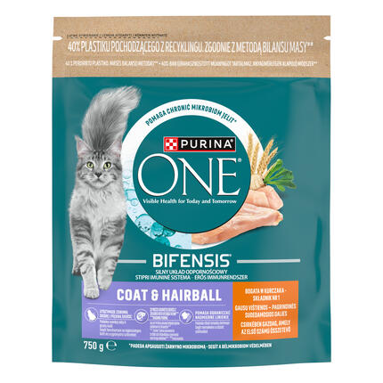 PURINA ONE® COAT & HAIRBALL, rohke kanaga, kuiv kassitoit