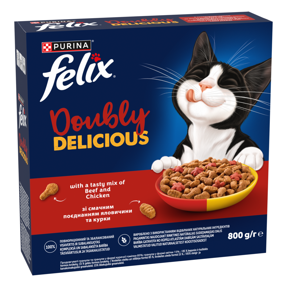 Felix® Doubly Delicious, Adult, täiskasvanud kassi kuivtoit, veise ja kana maitsev segu rohke peediga, 800 g pappkarp