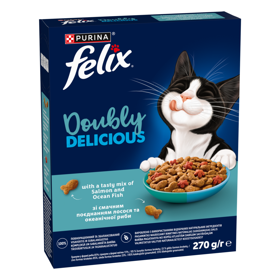 Felix® Doubly Delicious, Adult, täiskasvanud kassi kuivtoit, lõhe ja ookeanikala maitsev segu rohke peediga, 270 g pappkarp