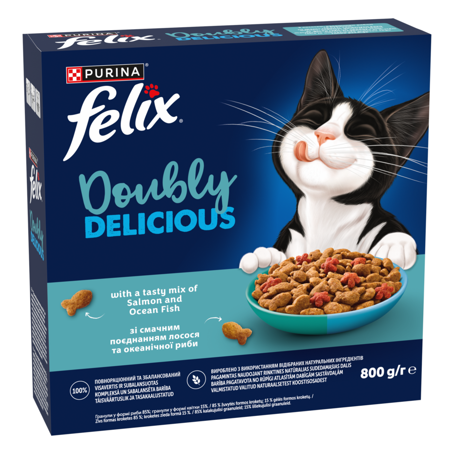 Felix® Doubly Delicious, Adult, täiskasvanud kassi kuivtoit, lõhe ja ookeanikala maitsev segu rohke peediga, 800 g pappkarp