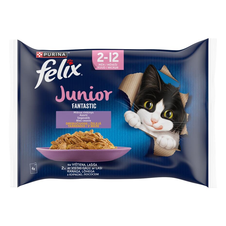 FELIX FANTASTIC JUNIOR täissööt kassipoegadele kana ja lõhega tarrendis 4x85g