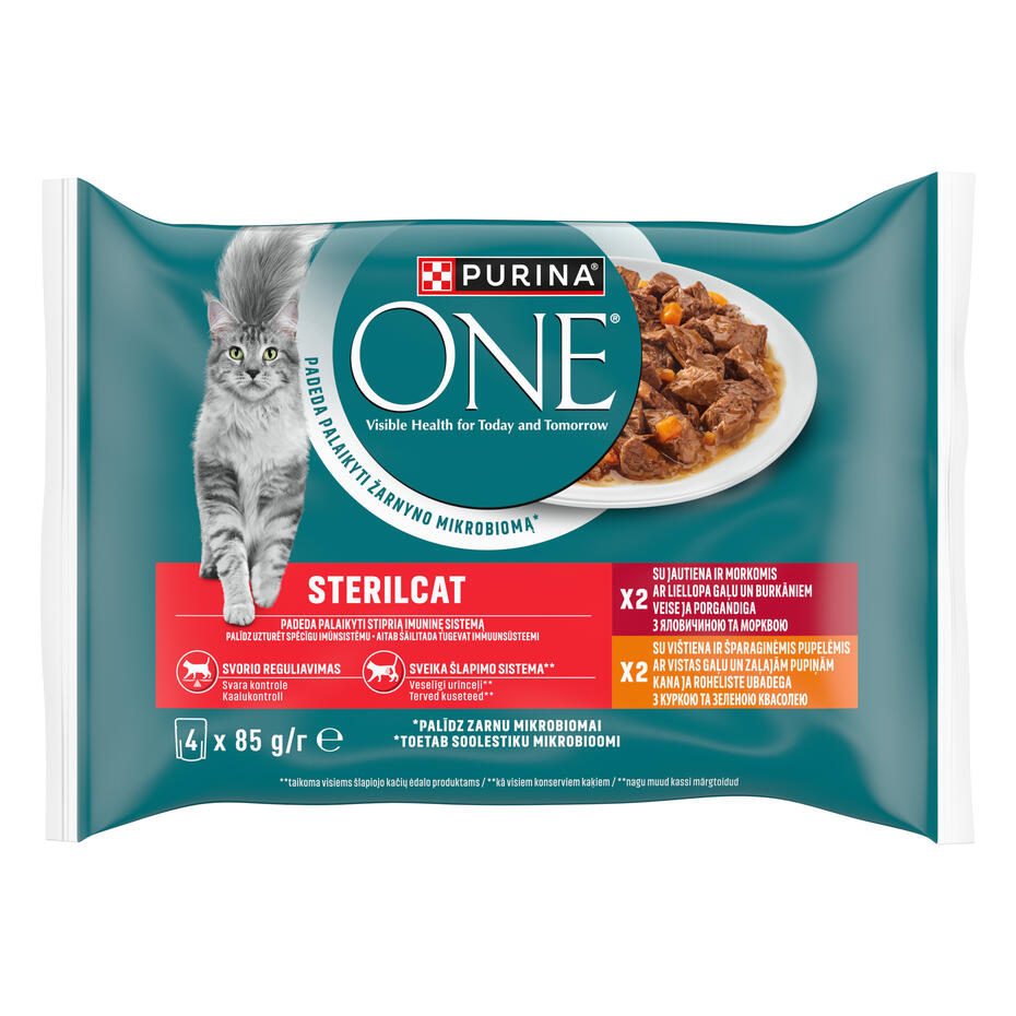 PURINA ONE® STERILCAT, minifileed kastmes kana ja roheliste ubade ning veise ja porgandiga, kiisueine