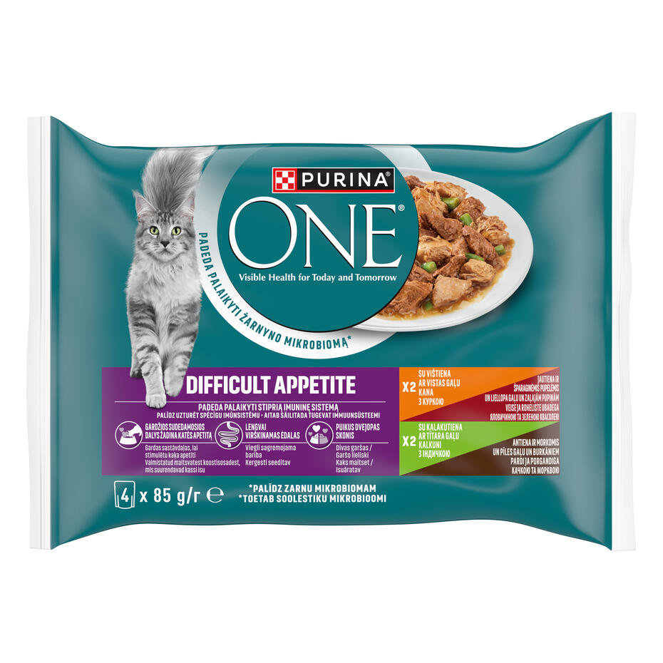 PURINA ONE® DIFFICULT APPETITE, minifileed kana ja veise ning kalkuni ja pardiga 4 x 85 g, kiisueine
