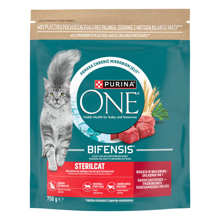 PURINA ONE® STERILCAT, rohke veisega, kuiv kassitoit