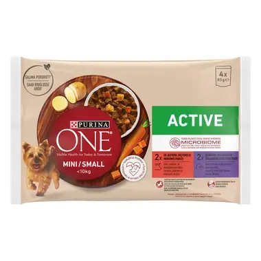 PURINA ONE ® MINI/SMALL < 10 kg Active veise, kartuli ja porgandiga ning pardi, pasta ja roheliste ubadega kastmes