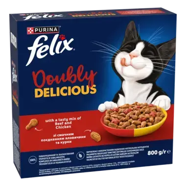 Felix® Doubly Delicious, Adult, täiskasvanud kassi kuivtoit, veise ja kana maitsev segu rohke peediga, 800 g pappkarp