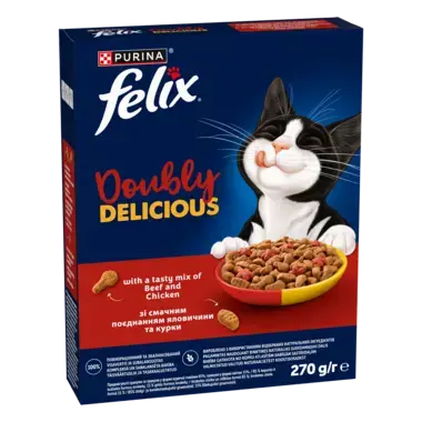 Felix® Doubly Delicious, Adult, täiskasvanud kassi kuivtoit, veise ja kana maitsev segu rohke peediga, 270 g pappkarp