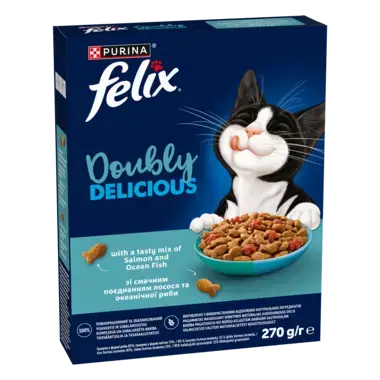 Felix® Doubly Delicious, Adult, täiskasvanud kassi kuivtoit, lõhe ja ookeanikala maitsev segu rohke peediga, 270 g pappkarp