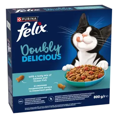Felix® Doubly Delicious, Adult, täiskasvanud kassi kuivtoit, lõhe ja ookeanikala maitsev segu rohke peediga, 800 g pappkarp